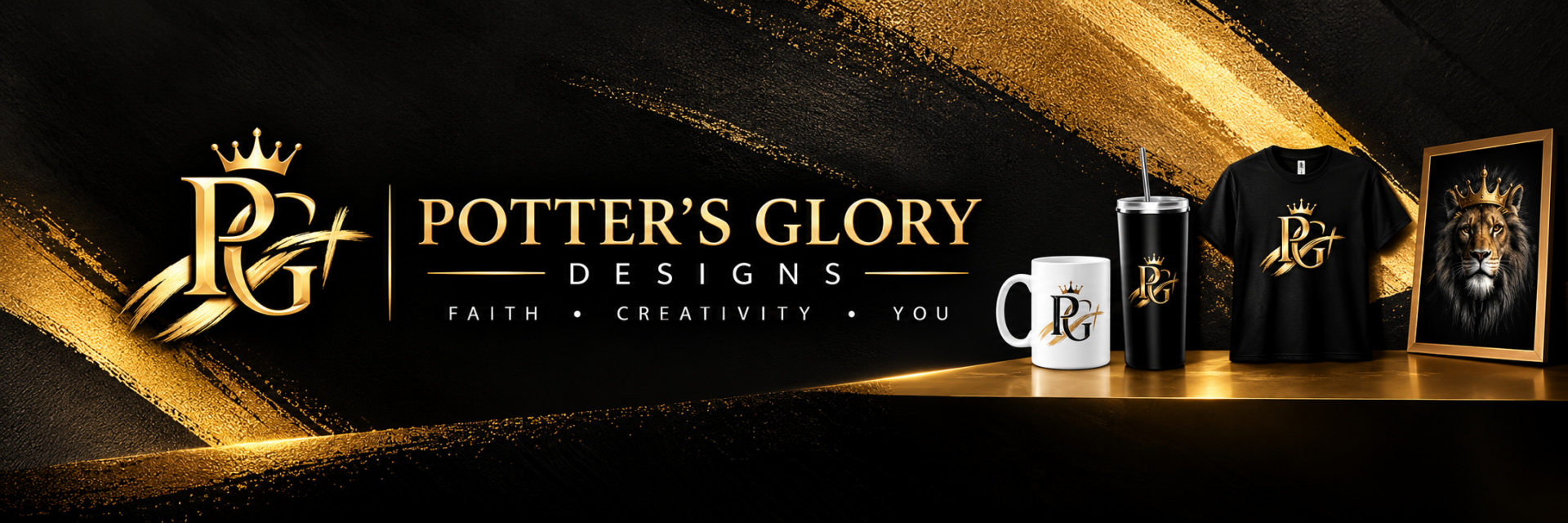 Potter’s Glory Designs — groot zwart-gouden logo met leeuw