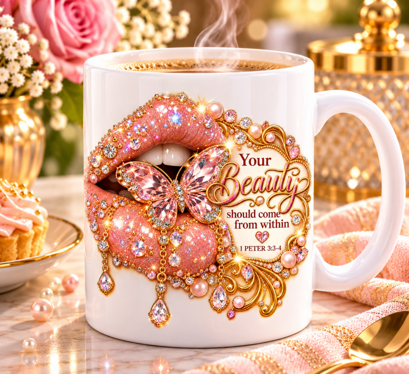 Koffiemok Your beauty should come from within, roze lippen, vlinder en fonkelende details