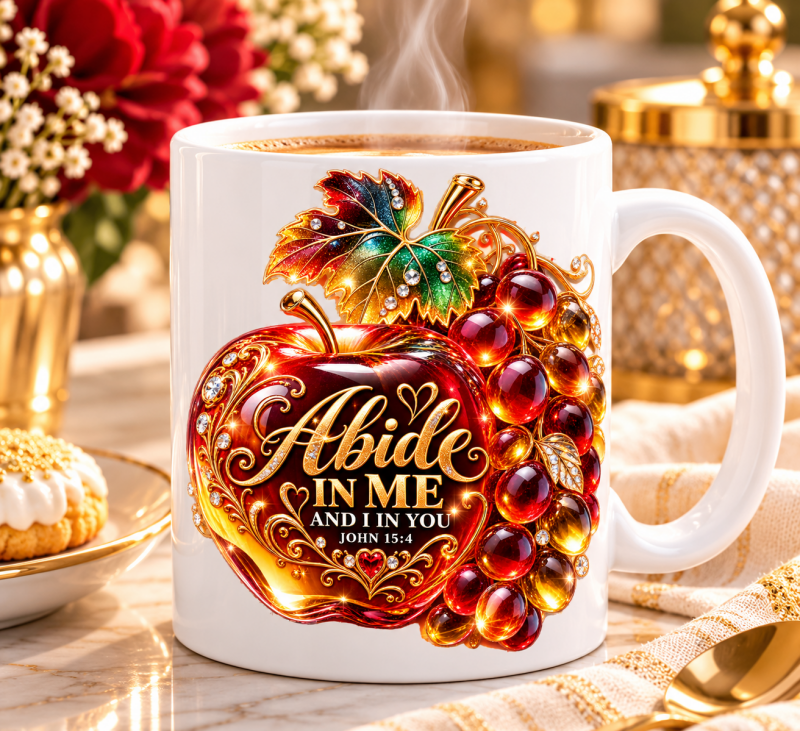 Koffiemok Abide in me, rode appel, druiven en herfstblad