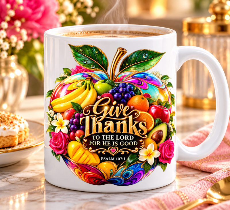 Koffiemok Give thanks to the Lord, kleurrijk fruit en bloemen