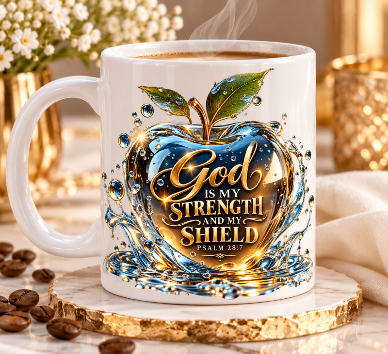 Koffiemok God is my strength and my shield, blauwe en gouden appel