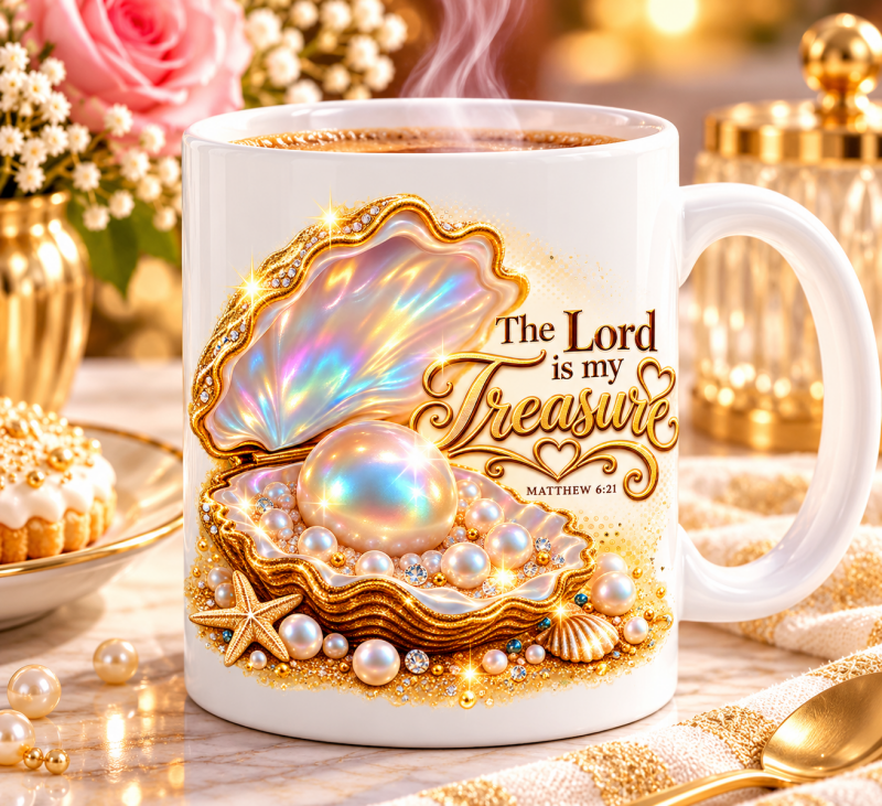 Koffiemok The Lord is my treasure, schelp en parels in zachte tinten