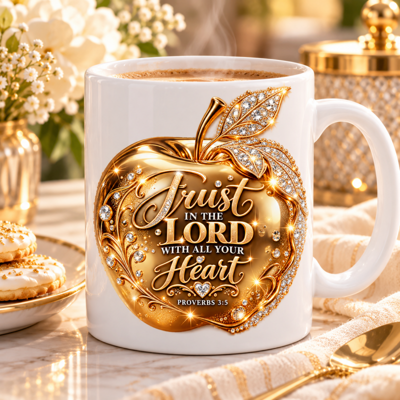 Koffiemok Trust in the Lord · gouden appel, gouden appel en geloofstekst