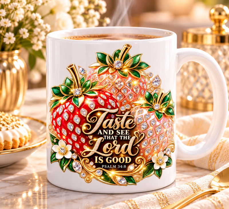 Koffiemok Taste and see that the Lord is good, aardbeien in rood, roze en goud