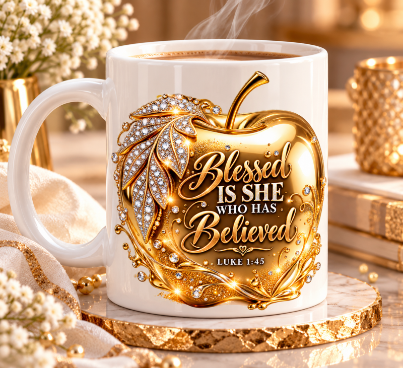 Koffiemok Blessed is she who has believed, gouden appel met fonkelende details