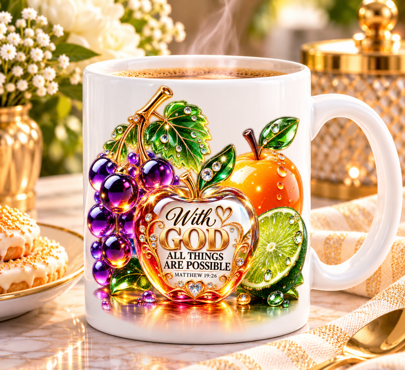 Koffiemok With God all things are possible · fruit, appel, druiven en citrusfruit