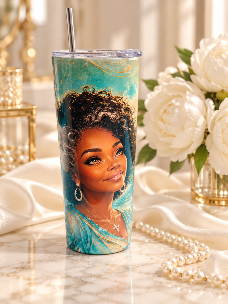 Slanke tumbler met metalen rietje – Portret in teal en goud