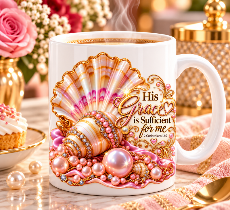Koffiemok His grace is sufficient for me, roze schelpen en parels