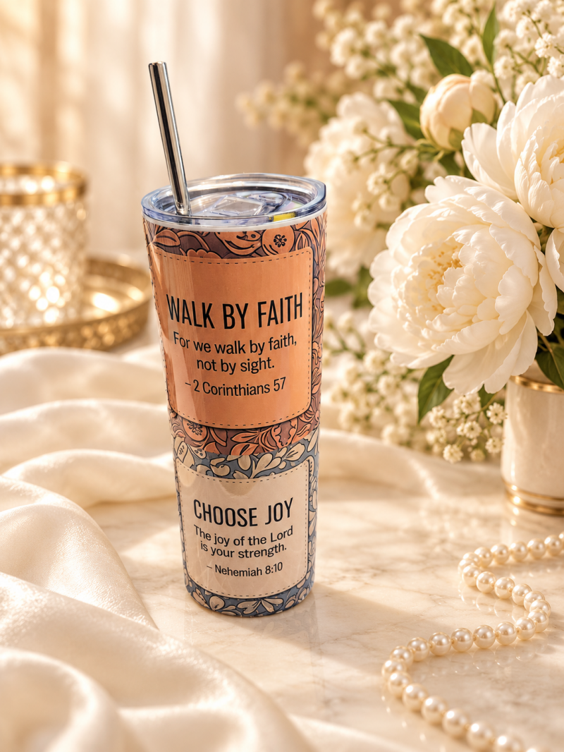 Slanke tumbler met metalen rietje – Walk by faith · Choose joy