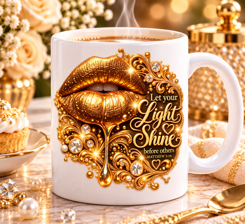 Koffiemok Let your light shine, gouden lippen en sierlijke tekst