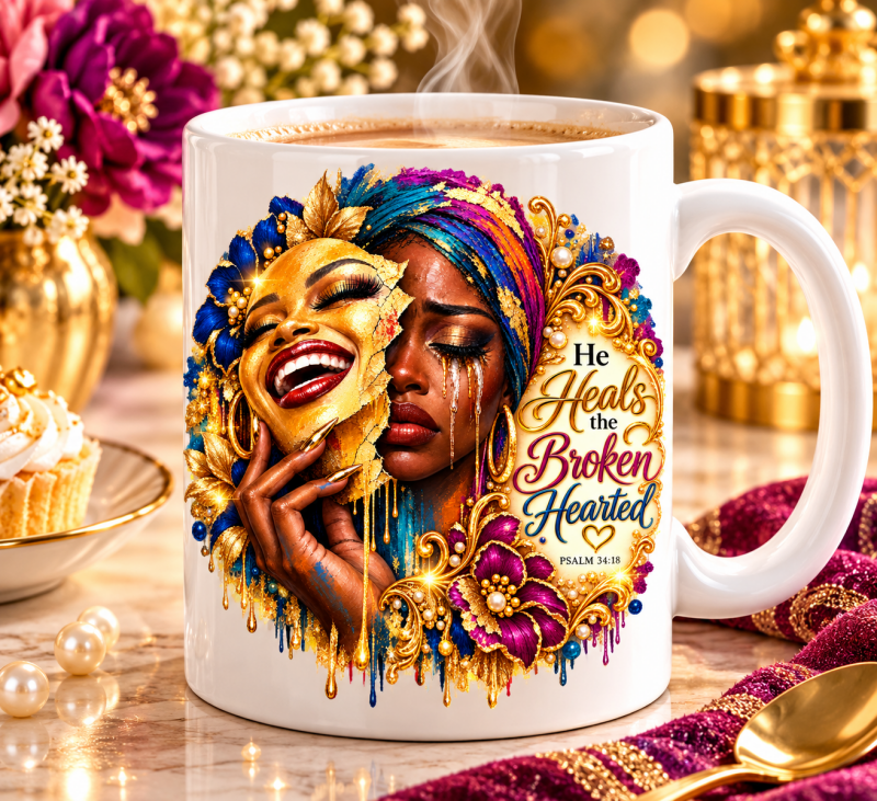 Koffiemok He heals the broken hearted, vrouwenportret met bloemen in blauw, paars en goud
