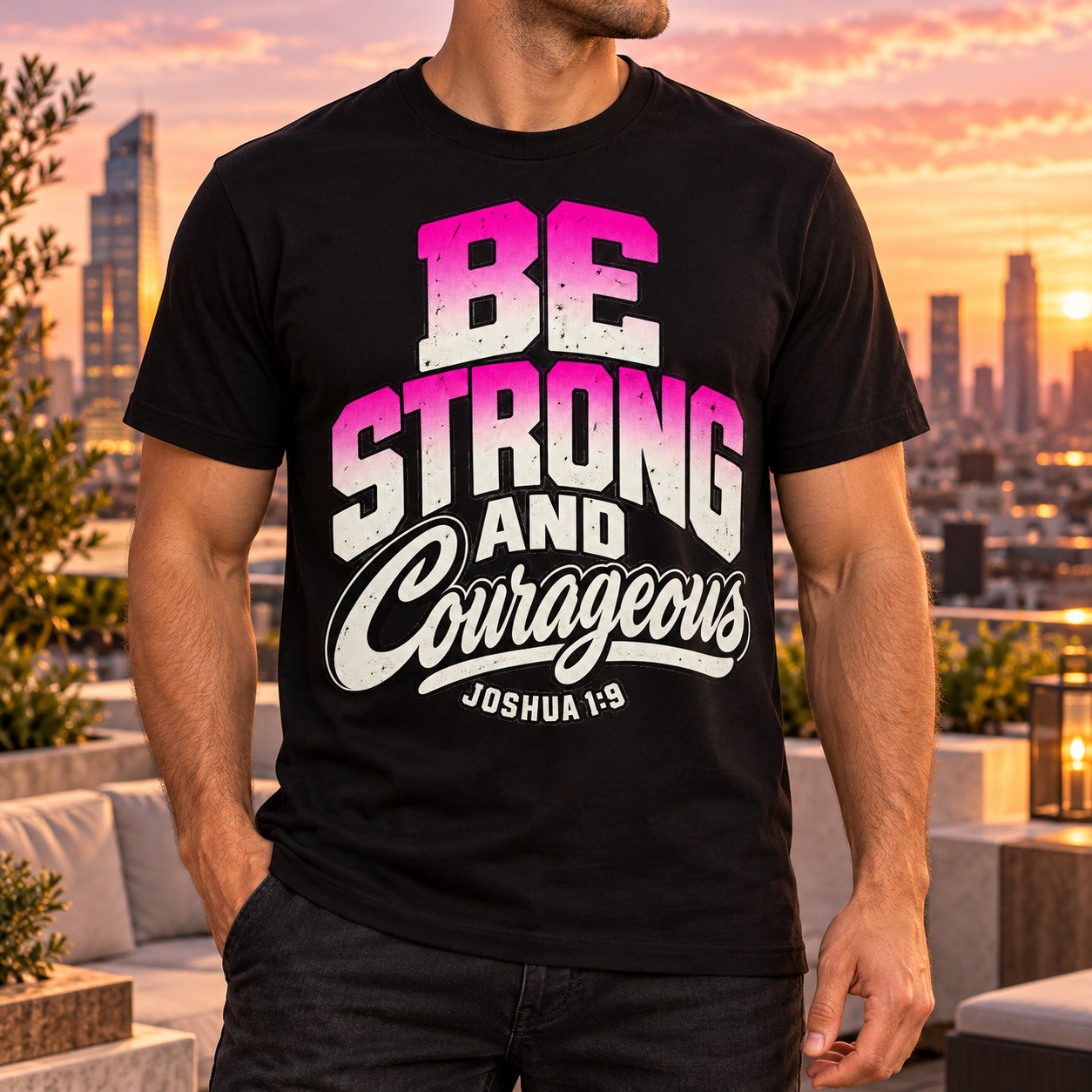 Mannen-T-shirt: Be Strong and Courageous — roze
