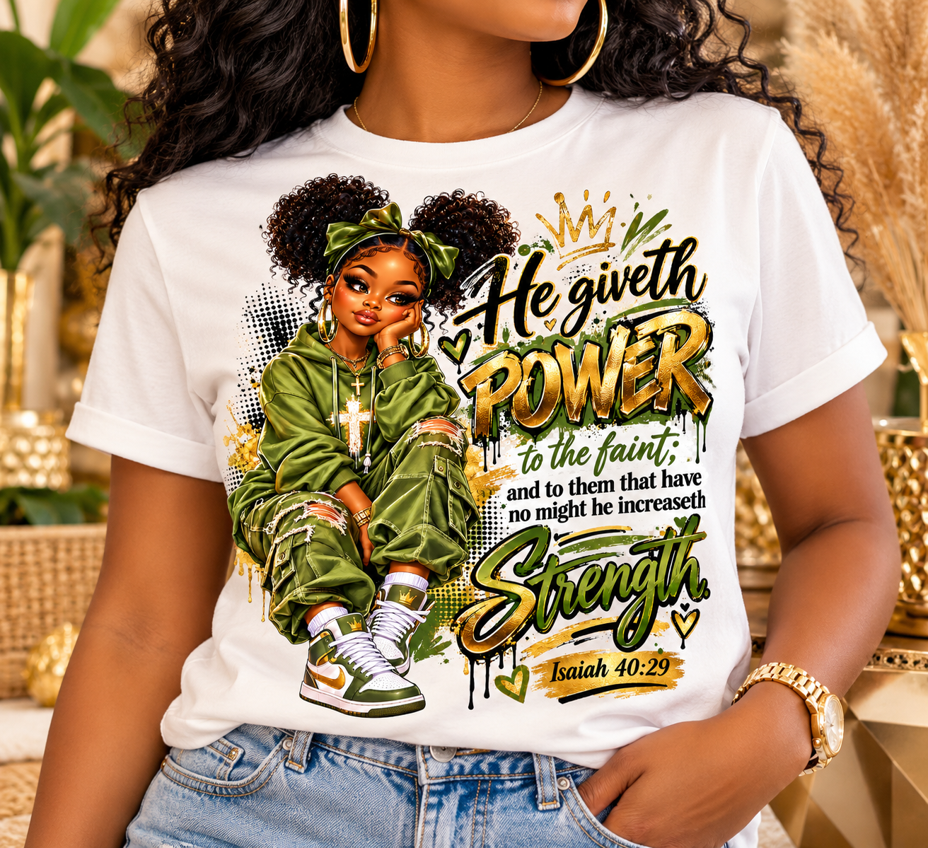 T-shirtmockup: He giveth Power — groen en goud