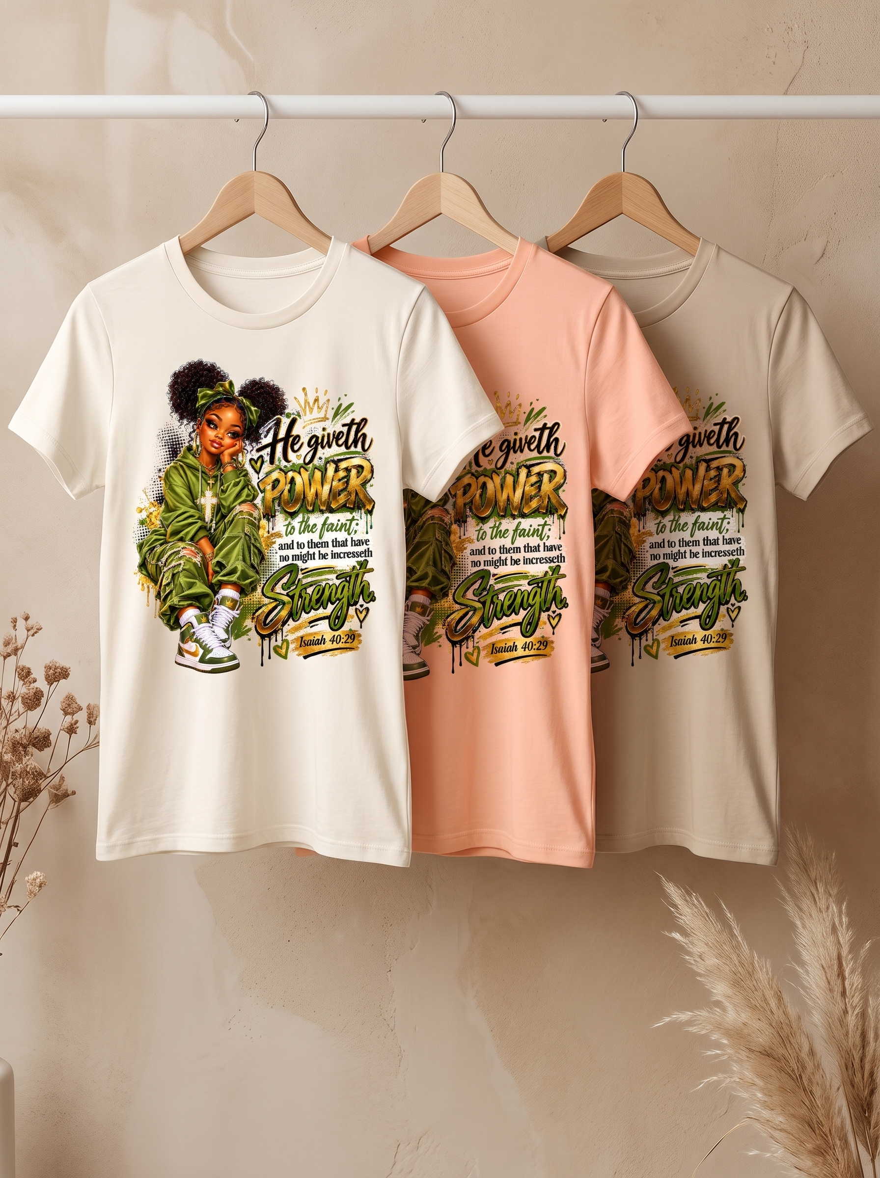 Kleurimpressie van het groen-gouden ontwerp op lichte shirts