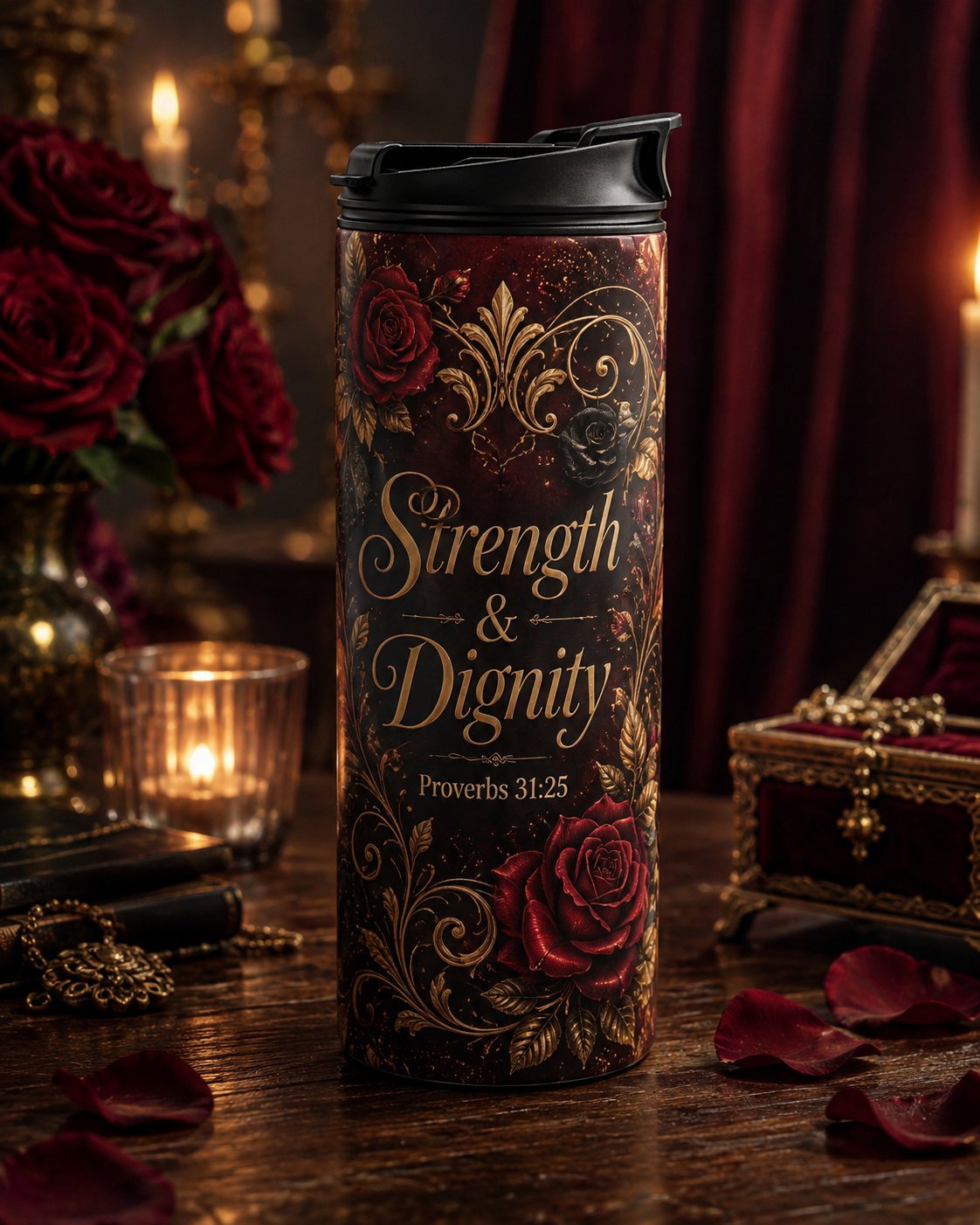 Zwarte travel mug met 'Strength & Dignity' en gouden roosmotief bij kaarsen