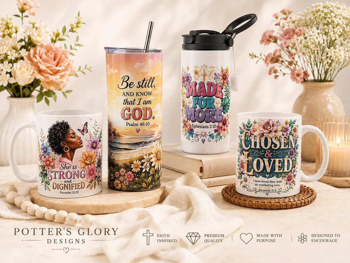 Collectie mokken en bekers met faith-designs en bloemen, met decoratieve items