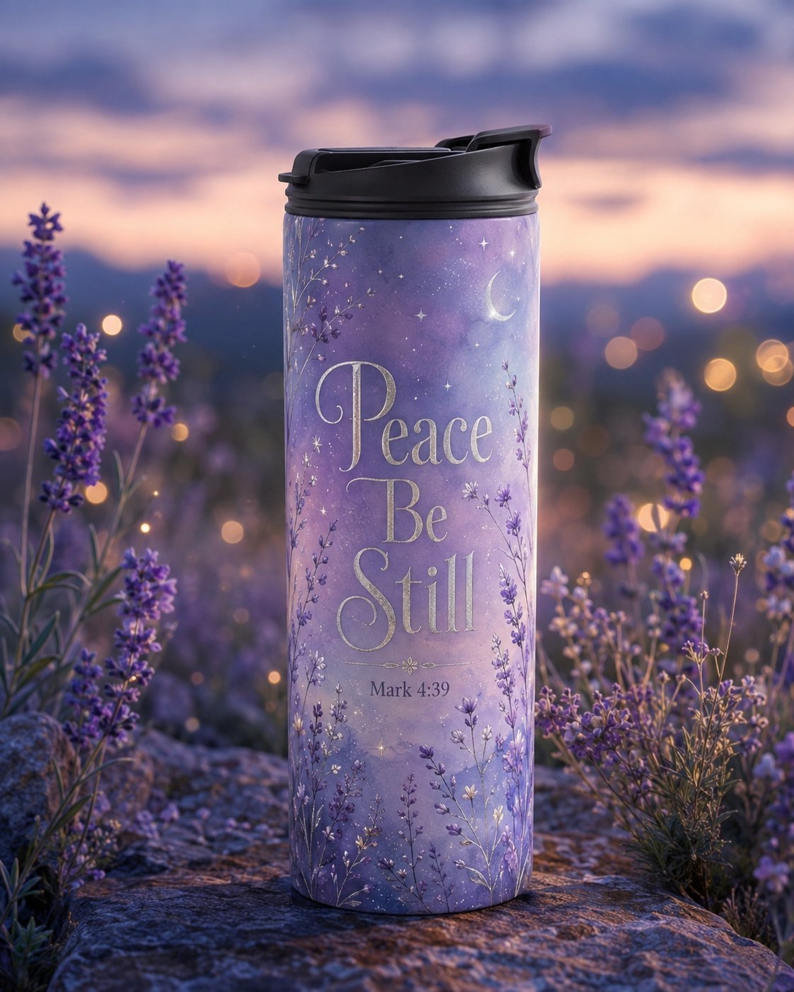 Lavendelkleurige travel mug met 'Peace Be Still' in een veld met paarse bloemen