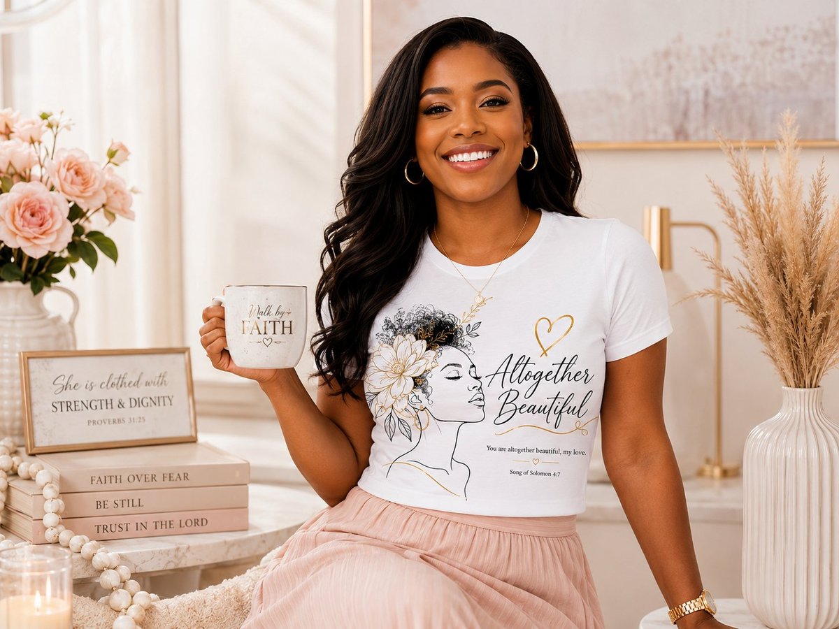 Vrouw lachend met een Walk by Faith mok en een Altogether Beautiful T-shirt in een lichte, bloemrijke setting