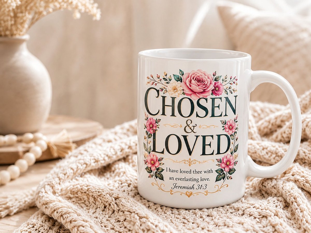 Witte Chosen & Loved mok met roze bloemen en parelaccenten