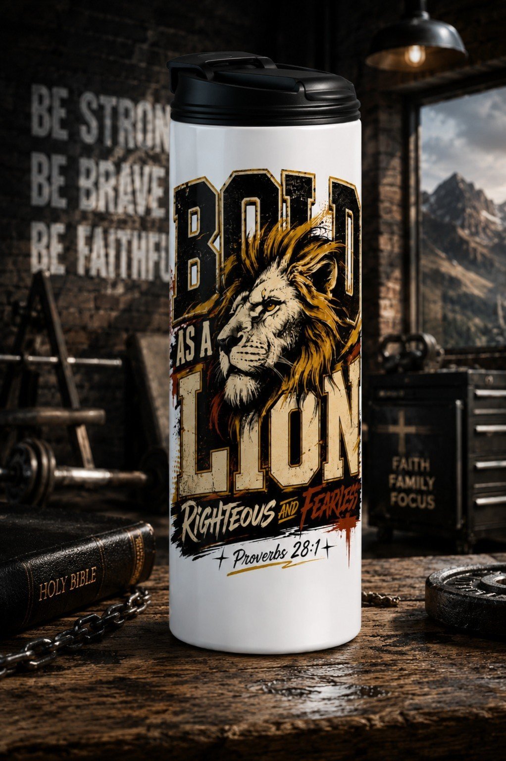 Hoge reisflask met zwart draagdeksel en Bold as a Lion Faith-design voor mannen