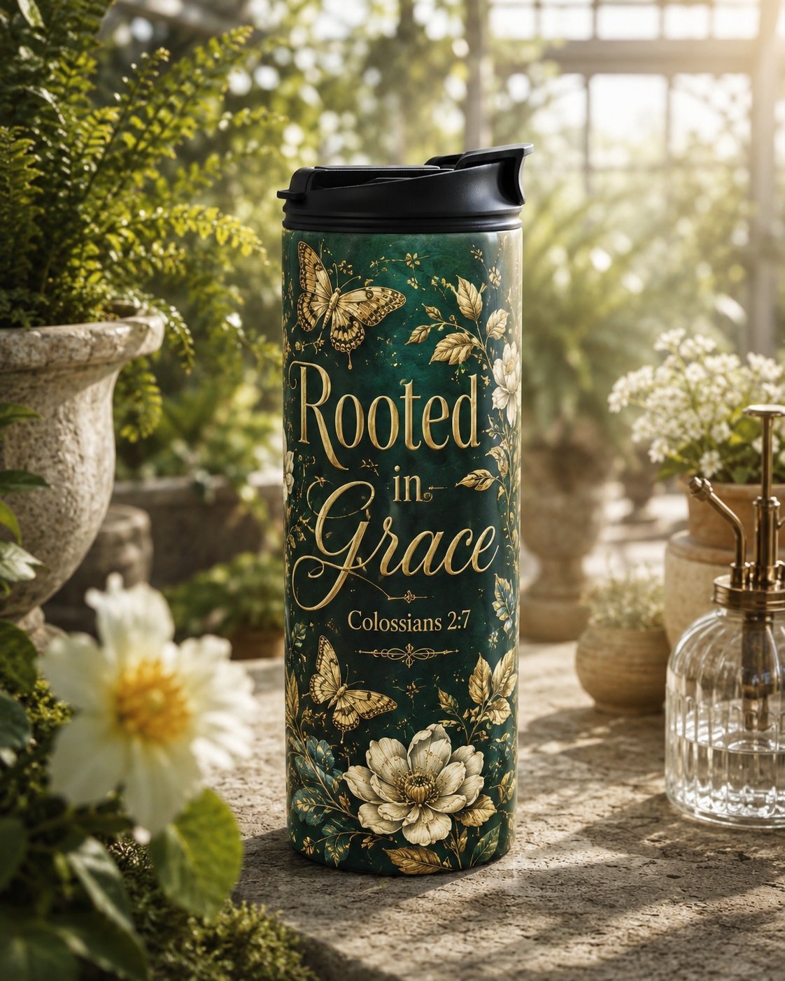 Groene travel mug met grafisch 'Rooted in Grace, Colossians 2:7' in een tuin